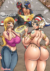 Rule 34 | 2boys, 2girls, :d, absurdres, alley, arm tattoo, artist name, ass, bare back, bikini, blonde hair, blue eyes, bound together, breasts, butt crack, circlet, cleavage, collar, crop top, defeat, denim, english text, finger twirl, flustered, hair intakes, hair ornament, hand on own hip, happy, hat, heart, heart-shaped pupils, high heels, highres, huge ass, huge breasts, jeans, large breasts, leg up, long hair, looking at viewer, looking back, midriff, miss bomber!!, miss bomber (character), mole, mole under mouth, multiple boys, multiple girls, o-ring, o-ring bikini, on floor, one eye closed, open mouth, original, outdoors, own hands clasped, own hands together, pants, shiny skin, sideboob, slingshot swimsuit, smile, standing, standing on one leg, swimsuit, symbol-shaped pupils, tattoo, teeth, thank you, thick thighs, thighs, tied up (nonsexual), tongue, tonshirou (christar), upper teeth only, wide hips, wink