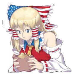 Rule 34 | !, 1girl, aaaa (aaaa480), alternate eye color, alternate hair color, american flag, american flag bow, american flag print, ascot, blonde hair, blue eyes, bow, breasts, burger, closed mouth, collared shirt, commentary request, eating, fingernails, flag print, food, frilled hair tubes, frilled shirt collar, frills, hair bow, hair tubes, hakurei reimu, long hair, looking down, medium bangs, medium breasts, red bow, sarashi, shirt, sidelocks, simple background, sleeveless, sleeveless shirt, solo, star (symbol), star print, striped, striped bow, touhou, upper body, white background, white bow, yellow ascot