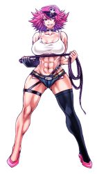Rule 34 | 1girl, abs, belt, belt collar, black thighhighs, breasts, chiba toshirou, cleavage, collar, collarbone, crop top, fingerless gloves, full body, gloves, gluteal fold, hat, high heels, highres, large breasts, legs apart, muscular, muscular female, peaked cap, pink hair, pink hat, pink thighhighs, poison (final fight), short shorts, shorts, single glove, single thighhigh, sleeveless, smile, solo, spiked hair, standing, street fighter, street fighter v, thick thighs, thigh strap, thighhighs, thighs, toned, whip, wide hips