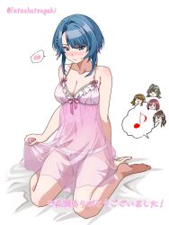 5girls :d =_= aizawa_kazuha arm_behind_back assault_lily asymmetrical_hair averting_eyes babydoll bare_arms bare_legs bare_shoulders barefoot bed_sheet blue_eyes blue_hair blush bow breasts brown_bow brown_hair chibi chibi_inset chimimago cleavage closed_eyes collarbone commentary_request commission eighth_note frilled_babydoll full_body green_eyes grey_hair hair_between_eyes hair_bow hair_ornament hairclip hand_up hatsukano_you head_only highres iijima_renka long_hair looking_ahead looking_at_another low_ponytail medium_breasts medium_hair multicolored_hair multiple_girls musical_note navel no_pupils nose_blush open_mouth panties parted_lips pink_babydoll pink_bow ponytail red_hair sasaki_ran see-through_clothes see-through_babydoll serizawa_chikaru side_ponytail sidelocks sitting skeb_commission smile spaghetti_strap speech_bubble spoken_blush spoken_musical_note stomach streaked_hair sweatdrop translation_request twitter_username underwear underwear_only wariza white_background white_panties yellow_eyes