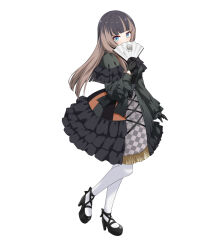 Rule 34 | 1girl, absurdres, black dress, black footwear, black gloves, black hair, blue eyes, blunt bangs, brown hair, checkered clothes, checkered dress, commentary, covering own mouth, cross-laced clothes, cross-laced dress, dress, english commentary, fan to mouth, felutiahime, frilled dress, frills, full body, gloves, hand fan, highres, hime cut, holding, holding fan, hololive, hololive dev is, juufuutei raden, lolita fashion, long hair, long sleeves, looking at viewer, multicolored clothes, multicolored dress, multicolored hair, pantyhose, simple background, solo, standing, streaked hair, two-tone hair, virtual youtuber, white background, white pantyhose