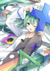 Rule 34 | 1girl, absurdres, arm up, blush, cube hair ornament, dress, green eyes, green hair, hair ornament, hand up, hatsune miku, hello good night (module), highres, holding, jewelry, jigsaw puzzle, key, key necklace, long hair, long sleeves, lying, nagitofuu, necklace, negapoji continues (vocaloid), on back, one eye closed, open mouth, puzzle, puzzle piece, rainbow, smile, solo, twintails, very long hair, vocaloid