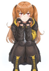 Rule 34 | 1girl, :3, armband, black footwear, black jacket, black panties, black pantyhose, black scarf, black skirt, boots, bright pupils, closed mouth, commentary, cross-laced footwear, fingerless gloves, full body, girls&#039; frontline, gloves, hair between eyes, hair ornament, hairclip, hands on own cheeks, hands on own face, highres, hood, hood down, hooded jacket, jacket, knee boots, knee pads, lace-up boots, long hair, long sleeves, miniskirt, open clothes, open jacket, orange hair, panties, panties under pantyhose, pantyhose, pantyshot, red eyes, scar, scar across eye, scar on face, scarf, shirt, simple background, skirt, smile, solo, springveiv, squatting, twintails, ump9 (girls&#039; frontline), underwear, upskirt, white background, white shirt