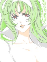 Rule 34 | 10s, 1girl, acm, breasts, cleavage, doodle, green hair, hairband, medium breasts, red eyes, solo, star driver, watanabe kanako