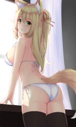 Rule 34 | 1girl, :o, animal ears, arched back, ass, back, backlighting, bare arms, bare shoulders, bikini, black thighhighs, blonde hair, blush, breasts, cowboy shot, curtains, day, fox ears, fox girl, fox tail, from behind, green eyes, hair ribbon, highres, indoors, large breasts, long hair, looking at viewer, looking back, original, parted lips, ribbon, shoulder blades, side-tie bikini bottom, sogaya, solo, standing, strap gap, sunlight, swimsuit, tail, thighhighs, white bikini