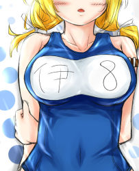 Rule 34 | 10s, 1girl, arms behind back, bare shoulders, blonde hair, blush, breast focus, breasts, female focus, hair ribbon, head out of frame, i-8 (kancolle), kantai collection, large breasts, long hair, low twintails, nukoyarou, one-piece swimsuit, open mouth, ribbon, school swimsuit, solo, swimsuit, twintails, upper body
