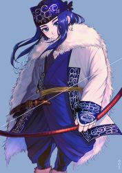 Rule 34 | 1girl, absurdres, ainu, ainu clothes, asirpa, bad id, bad pixiv id, bandana, black hair, blue background, blue eyes, blue hair, boots, bow (weapon), cape, cross shark, earrings, fur cape, golden kamuy, highres, hoop earrings, jewelry, long hair, long sleeves, looking at viewer, sheath, simple background, weapon, white cape
