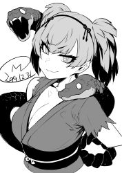 Rule 34 | 1girl, :3, breasts, cleavage, closed mouth, collarbone, dated, eyelashes, greyscale, happa (cloverppd), japanese clothes, kemono friends, kimono, large breasts, looking at viewer, monochrome, short hair, short twintails, smirk, smug, snake, solo, torn clothes, torn kimono, twintails, upper body, yamata no orochi (kemono friends)
