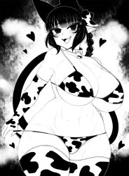 Rule 34 | 1girl, animal ears, animal print, bikini, bikini bottom pull, bikini pull, blunt bangs, braid, breasts, cat ears, cat girl, cat tail, cleavage, clothes pull, commentary, cow ears, cow print, cow print bikini, cowboy shot, curvy, elbow gloves, extra ears, fang, gloves, greyscale, haseru (ginku mh), heart, huge breasts, kaenbyou rin, looking at viewer, medium hair, monochrome, multiple tails, nekomata, open mouth, pointy ears, print bikini, pulled by self, side braid, sidelocks, skin fang, solo, swimsuit, symbol-only commentary, tail, thighhighs, tongue, tongue out, touhou, two tails