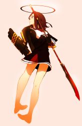 Rule 34 | 10s, 1girl, bare legs, glaive (polearm), gloves, halberd, halo, highres, kantai collection, md5 mismatch, onioohashi, personification, pink background, polearm, red eyes, resolution mismatch, short hair, sketch, solo, source smaller, tatsuta (kancolle), weapon