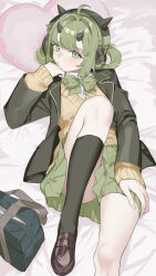 Rule 34 | 1girl, ahoge, bag, black horns, black jacket, black socks, blazer, bow, bowtie, brown footwear, cardigan, commentary, commission, english commentary, foot out of frame, green bow, green bowtie, green hair, green skirt, hair intakes, headphones, heart, heart-shaped pillow, highres, horns, jacket, knee up, legs, loafers, mayuri kaichou, medium hair, open clothes, open jacket, original, pillow, school bag, shoes, short twintails, skeb commission, skirt, socks, solo, twintails, yellow cardigan