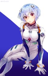 Rule 34 | 1girl, absurdres, ayanami rei, blue hair, bodysuit, breasts, closed mouth, commentary request, expressionless, hair ornament, highres, interface headset, kachin, looking at viewer, medium breasts, neon genesis evangelion, plugsuit, red eyes, short hair, solo, white bodysuit