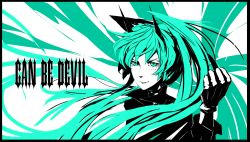 Rule 34 | 1girl, alternate costume, alternate hairstyle, angry, aqua eyes, aqua hair, aqua theme, arsenixc, bad id, bad pixiv id, border, clenched hand, english text, gloves, hair wings, hatsune miku, highres, horns, long hair, monochrome, popped collar, solo, twintails, very long hair, vocaloid, wings