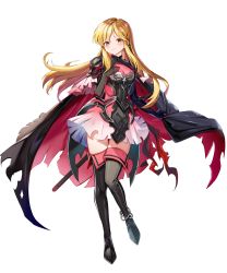 Rule 34 | 1girl, armor, black footwear, black gloves, blonde hair, blush, boots, breasts, brown eyes, cape, cleavage cutout, closed mouth, clothing cutout, elbow gloves, fire emblem, fire emblem: genealogy of the holy war, fire emblem heroes, full body, gloves, gradient clothes, hand on own chest, highres, lachesis (fire emblem), long hair, looking at viewer, medium breasts, nintendo, non-web source, official alternate costume, official art, satoupote, sheath, sheathed, shoulder armor, smile, solo, sword, thigh boots, thighhighs, torn cape, torn clothes, weapon, zettai ryouiki
