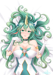 Rule 34 | 1girl, absurdres, alternate costume, alternate eye color, alternate hair color, bare shoulders, blush, breasts, choker, cleavage, elbow gloves, gloves, green eyes, green hair, hair ornament, highres, horns, large breasts, league of legends, lipstick, long hair, looking at viewer, lying, magical girl, makeup, on back, parted lips, pointy ears, single horn, skirt, smile, solo, soraka (league of legends), star guardian (league of legends), star guardian soraka, white gloves, white wings, wings