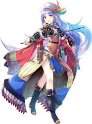 Rule 34 | 1girl, :d, artist request, black footwear, blue hair, boots, breasts, cleavage, dress, full body, hat, hat feather, high heel boots, high heels, holding, holding sword, holding weapon, light blue hair, long hair, looking at viewer, navel, official art, open mouth, oshiro project:re, oshiro project:re, simple background, smile, solo, sword, transparent background, wartburg (oshiro project), weapon, yellow eyes