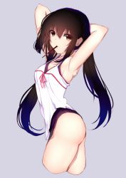 Rule 34 | 1girl, armpits, arms behind head, arms up, ass, black hair, breasts, brown hair, camisole, cowboy shot, cropped legs, dress, food in mouth, from side, k-on!, kameponde, long hair, looking at viewer, looking to the side, low twintails, mouth hold, nakano azusa, pocky day, sidelocks, small breasts, solo, twintails, white dress
