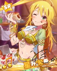 Rule 34 | 10s, 1girl, ahoge, beamed quavers, blonde hair, card (medium), character name, character signature, chocolate cornet, earrings, eating, food, food on face, green eyes, hoshii miki, idolmaster, idolmaster (classic), idolmaster million live!, jewelry, licking lips, long hair, lots of jewelry, musical note, navel, official art, one eye closed, signature, stomach, tongue, tongue out, wink