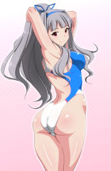 Rule 34 | 1girl, armpits, arms up, ass, competition swimsuit, hair ribbon, idolmaster, idolmaster (classic), long hair, looking at viewer, one-piece swimsuit, ponytail, red eyes, revision, ribbon, shijou takane, silver hair, smile, solo, swimsuit, tengu (tetuo kun)
