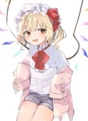 Rule 34 | 1girl, :d, alternate costume, blonde hair, blouse, blush, bow, bowtie, closed mouth, commentary request, crystal, denim, denim shorts, diamond-shaped pupils, diamond (shape), eyelashes, fang, flandre scarlet, hat, hat bow, hat ribbon, highres, hiiro60, jacket, looking at viewer, mob cap, one side up, open mouth, pink jacket, red bow, red bowtie, red eyes, red ribbon, ribbon, shirt, short hair, short shorts, shorts, side ponytail, simple background, skin fang, sleeves past fingers, sleeves past wrists, smile, solo, standing, symbol-shaped pupils, thighs, white background, white hat, white shirt, wings