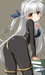 Rule 34 | 1girl, :&gt;, arm support, ass, bent over, blush, bodysuit, book, breasts, brown background, cosplay, dark mage (fire emblem awakening), fire emblem, fire emblem: radiant dawn, fire emblem awakening, flying sweatdrops, hair ribbon, half updo, leaning forward, looking at viewer, looking back, micaiah (fire emblem), naitou kouse, nintendo, official alternate costume, ribbon, shiny clothes, silver hair, simple background, solo, tharja (cosplay), tharja (fire emblem), yellow eyes
