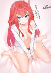 Rule 34 | 1girl, absurdres, ahoge, bad id, bad pixiv id, bare legs, bed, between legs, black panties, blue eyes, blush, breasts, cleavage, closed mouth, collarbone, collared shirt, dated, eyes visible through hair, from above, full body, go-toubun no hanayome, hair between eyes, hair ornament, hand between legs, highres, long hair, long sleeves, looking at viewer, medium breasts, nakano itsuki, navel, no bra, no legwear, off shoulder, on bed, open clothes, open shirt, panties, red hair, shiina aoi, shirt, sidelocks, sitting, smile, solo, star (symbol), star hair ornament, twitter username, underwear, wariza, white shirt