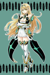 Rule 34 | 1girl, bad id, bad twitter id, bare shoulders, blonde hair, breasts, chest jewel, cleavage, cleavage cutout, clothing cutout, dress, earrings, elbow gloves, feathers, gloves, green background, jewelry, large breasts, long hair, mythra (xenoblade), nintendo, oto nagi, outline, short dress, solo, swept bangs, thighhighs, tiara, very long hair, white dress, white gloves, white outline, white thighhighs, xenoblade chronicles (series), xenoblade chronicles 2, yellow eyes, zettai ryouiki