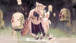 Rule 34 | 1girl, absurdres, animal ears, apron, arknights, black hakama, black thighhighs, blonde hair, bobby socks, closed mouth, coin purse, commentary request, daoker31698, fox, fox ears, fox girl, fox tail, frilled apron, frills, full body, hairband, hakama, highres, japanese clothes, kimono, long hair, long sleeves, looking down, official alternate costume, okobo, red hairband, ripples, sandals, socks, solo, suzuran (arknights), suzuran (yukibare) (arknights), tail, thighhighs, white apron, white kimono, white socks, wide sleeves, yellow eyes