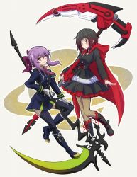 Rule 34 | 10s, 2girls, black footwear, boots, bow, bullet, cross-laced footwear, gradient hair, hair bow, hayami saori, hiiragi shinoa, iesupa, knee boots, lace-up boots, multicolored hair, multiple girls, owari no seraph, pantyhose, purple hair, ruby rose, rwby, scythe, voice actor connection, grey eyes, skirt, smile, thighhighs, weapon connection, zettai ryouiki