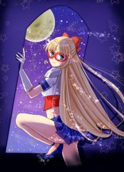 Rule 34 | 1girl, aino minako, bare legs, bishoujo senshi sailor moon, blonde hair, blue eyes, blue footwear, blue skirt, bow, crescent, crescent facial mark, elbow gloves, facial mark, forehead mark, gloves, hair bow, half updo, kago-s, light smile, long hair, looking at viewer, mask, moon, moonlight, night, pleated skirt, red bow, sailor v, shoes, skirt, solo, star (symbol), very long hair, white gloves, window