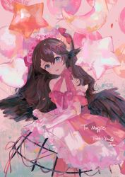 Rule 34 | 1girl, animal ears, bare shoulders, bird ears, bird wings, blue eyes, blush, brown hair, commentary, commission, dress, english commentary, gloves, hair between eyes, head tilt, indie virtual youtuber, jamu (yakinikuoi4), looking at viewer, magpie (vtuber), parted lips, pink dress, skeb commission, smile, solo, virtual youtuber, white gloves, wings
