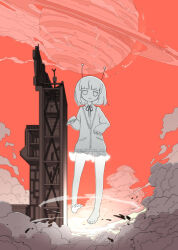 Rule 34 | 1girl, :&gt;, andromedako, antennae, barefoot, blunt bangs, blunt ends, bob cut, cardigan, collared shirt, commentary request, dust cloud, flying, giant, giantess, glowing clothes, greyscale with colored background, hands up, jitome, launch pad, long sleeves, looking at viewer, miniskirt, nayutalien, nayutan sei kara no buttai, neck ribbon, planet, planetary ring, pleated skirt, ribbon, shirt, shockwave, short hair, skirt, sleeves past wrists, solo, v-shaped eyebrows, wide shot, yamadori seika