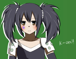 Rule 34 | 1girl, armor, black hair, blush, collarbone, copyright name, death devil, eyelashes, green background, k-on!, momono fude, nakano azusa, pauldrons, punk, shoulder armor, simple background, smile, solo, twintails, upper body