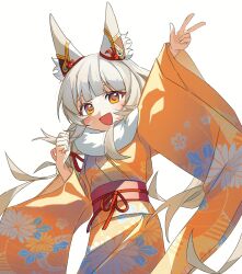 Rule 34 | 1girl, :d, alternate costume, animal ear fluff, animal ears, cat ears, cat girl, commentary request, grey hair, highres, japanese clothes, kimono, looking at viewer, luliko253, medium hair, nia (blade) (xenoblade), nia (xenoblade), open mouth, simple background, smile, solo, w, white background, wide sleeves, xenoblade chronicles (series), xenoblade chronicles 2, yellow eyes
