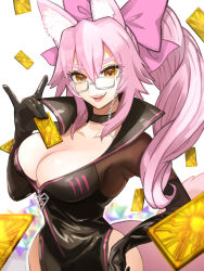 Rule 34 | 1girl, animal ear fluff, animal ears, black bodysuit, bodysuit, bow, breasts, center opening, choker, cleavage, fate/grand order, fate (series), fox ears, fox girl, fox tail, glasses, hair between eyes, hair bow, highres, hip vent, koyanskaya (assassin) (first ascension) (fate), koyanskaya (fate), large breasts, long hair, looking at viewer, open mouth, pink bow, pink hair, ponytail, saint quartz (fate), saru g mon, sidelocks, smile, solo, summon ticket (fate), tail, tamamo (fate), yellow eyes