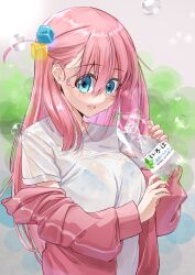 Rule 34 | 1girl, blue eyes, bocchi the rock!, bottle, bralines, commentary, cube hair ornament, day, gotoh hitori, hair ornament, highres, holding, holding bottle, jacket, long hair, looking at viewer, off shoulder, one side up, open clothes, open jacket, open mouth, outdoors, pink hair, pink jacket, shirt, short sleeves, smile, solo, sweat, t-shirt, torinao (user hszt4357), track jacket, water bottle, water drop, wet, wet clothes, wet shirt, white shirt