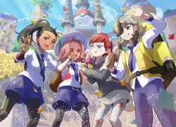 Rule 34 | 1boy, 3girls, alternate hairstyle, arm up, arven (pokemon), backpack, bag, black hair, black pantyhose, brown hair, collared shirt, commentary request, creatures (company), day, eyelashes, food, game freak, green eyes, green hair, grin, hair over one eye, hat, highres, holding, hood, hoodie, juliana (pokemon), kanon (ta sakurairo), long hair, multicolored hair, multiple girls, necktie, nemona (pokemon), nintendo, open clothes, open mouth, open vest, outdoors, pants, pantyhose, penny (pokemon), pokemon, pokemon sv, ponytail, print pantyhose, round eyewear, sandwich, see-through, see-through skirt, shirt, shorts, skirt, smile, teeth, two-tone hair, vest, white shirt, yellow bag, yellow vest