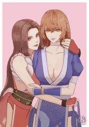 Rule 34 | 2girls, absurdres, alternate hairstyle, black hair, breasts, brown eyes, brown hair, choker, cleavage, crossover, dead or alive, fatal fury, female focus, hair down, highres, hug, kasumi (doa), large breasts, long hair, looking at viewer, matching hair/eyes, multiple girls, ninja, parted lips, pelvic curtain, shiranui mai, short sleeves, sleeveless, smile, snk, tecmo, the king of fighters, trait connection, white choker, yidelia