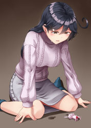 Rule 34 | 1girl, ahoge, alternate costume, aqua socks, black hair, breasts, brown background, brown eyes, crying, crying with eyes open, fingernails, gradient background, grey skirt, hair between eyes, hair ornament, highres, kamelie, kantai collection, long hair, long sleeves, medium breasts, purple sweater, ribbed sweater, sitting, skirt, socks, solo, sweater, tears, ushio (kancolle), x hair ornament