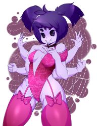 Rule 34 | arthropod girl, breasts, colored skin, extra arms, extra eyes, fangs, highres, insect girl, lingerie, muffet, purple skin, spider girl, thighhighs, twintails, undertale, underwear