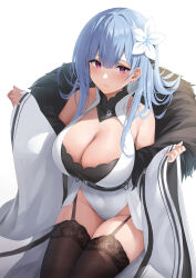 Rule 34 | 1girl, azur lane, black thighhighs, blue hair, blush, breasts, cleavage, closed mouth, coat, covered navel, earrings, flower, fur-trimmed coat, fur trim, futon fly away, garter straps, groin, hair flower, hair ornament, highres, jewelry, large breasts, leotard, long hair, looking at viewer, purple eyes, sitting, solo, thighhighs, thighs, voroshilov (azur lane), white leotard, wide sleeves