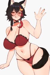Rule 34 | 1girl, :q, absurdres, animal ear fluff, animal ears, black hair, black nails, bra, breasts, brown eyes, cleavage, cowboy shot, fishnet pantyhose, fishnets, glasses, hair ornament, heart, highres, hololive, jewelry, large breasts, looking at viewer, multicolored hair, nail polish, navel, ookami mio, panties, pantyhose, red bra, red hair, red panties, ring, simple background, solo, stomach, streaked hair, tail, tail around own leg, tongue, tongue out, underwear, underwear only, varniskarnis, virtual youtuber, white background, wolf ears, wolf girl, wolf tail
