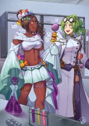 Rule 34 | 2girls, absurdres, brown eyes, brown hair, candy, candy hair ornament, circlet, crop top, dark-skinned female, dark skin, deliciousbrain, eyewear on head, fire emblem, fire emblem: the sacred stones, fire emblem engage, fire emblem heroes, flask, food, food-themed hair ornament, ghost hair ornament, green eyes, green hair, hair ornament, highres, holding, holding candy, holding food, l&#039;arachel (fire emblem), l&#039;arachel (halloween) (fire emblem), lollipop, long sleeves, looking at another, midriff, multiple girls, navel, nintendo, official alternate costume, open mouth, ponytail, skirt, smile, teeth, timerra (fire emblem), timerra (halloween) (fire emblem), upper teeth only