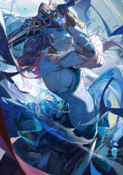 Rule 34 | 1girl, absurdres, black skirt, blue dress, blue eyes, blue gemstone, blush, breasts, circlet, cowboy shot, detached sleeves, dress, fake horns, from side, gem, genshin impact, harem outfit, highres, horns, jewelry, long hair, long sleeves, looking at viewer, midriff, neck ring, nilou (genshin impact), pointing, pointing at viewer, rabbit (tukenitian), red hair, shirt, sideboob, sidelocks, skirt, sleeve cuffs, sleeveless, sleeveless shirt, small breasts, solo, tongue, tongue out, veil, water drop, white shirt, white sleeves, white veil