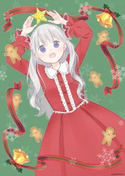 Rule 34 | 1girl, :d, absurdres, arms up, bell, blue eyes, blush, center frills, christmas, christmas star, collared dress, dress, frilled shirt collar, frills, gingerbread man, go-on, grey hair, highres, holding, holding star, holly, lace-trimmed sleeves, lace trim, long hair, long sleeves, looking up, open mouth, original, ribbon, smile, snowflakes, solo, star (symbol), striped ribbon