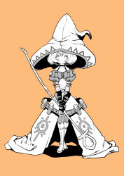 Rule 34 | 1girl, ankh, belt, closed mouth, gem, greyscale with colored background, hair between eyes, hare (yamihuji), hat, hatching (texture), highres, holding, holding sword, holding weapon, large hat, liquid, magician, monochrome, orange background, original, ribbon, short hair, simple background, solo, staff, standing, sword, vial, weapon