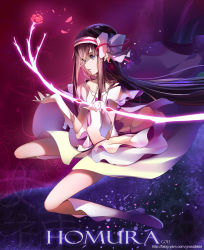 Rule 34 | 1girl, akemi homura, bare shoulders, black hair, boots, bow, bow (weapon), cao xiong, collarbone, cosplay, dress, female focus, flower, gloves, gradient background, hair bow, hair ribbon, highres, kaname madoka, long hair, mahou shoujo madoka magica, mahou shoujo madoka magica (anime), petals, plant, purple eyes, red flower, red rose, ribbon, rose, solo, ultimate madoka, ultimate madoka (cosplay), weapon