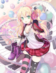 Rule 34 | 1girl, asymmetrical legwear, balloon, black thighhighs, blonde hair, boots, bracelet, breasts, camisole, casual, choker, cleavage, cross, digital media player, green eyes, hair between eyes, headphones, instrument, jacket, jewelry, jin young-in, long hair, looking at viewer, medium breasts, mismatched legwear, no bra, open mouth, original, patterned legwear, pendant, piano keys, pink thighhighs, plaid, plaid skirt, polka dot, print thighhighs, purple footwear, shoes, short twintails, skirt, smile, solo, star (symbol), star print, striped clothes, striped thighhighs, thighhighs, twintails, two side up, zettai ryouiki