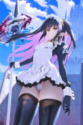 Rule 34 | 1girl, apron, black hair, blood, blood splatter, breasts, brown eyes, choker, earrings, gloves, hair ornament, halberd, highres, holding, jewelry, long hair, maid, maid apron, maid headdress, mary (siino), multicolored hair, original, pointy ears, polearm, puffy sleeves, purple gloves, purple hair, siino, small breasts, solo, thighhighs, two-tone hair, weapon, wrist cuffs