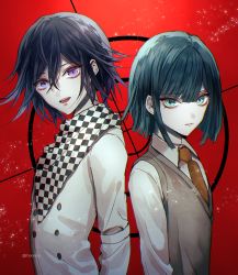 Rule 34 | 2boys, artist name, black hair, checkered clothes, checkered scarf, commentary request, danganronpa, danganronpa (series), danganronpa kirigiri, danganronpa v3: killing harmony, green eyes, hair between eyes, jacket, licorne, looking at viewer, male focus, messy hair, multiple boys, necktie, orange neckwear, oma kokichi, red background, sakuyu, scarf, school uniform, shirt, short hair, teeth, upper body, upper teeth only, white jacket, white shirt